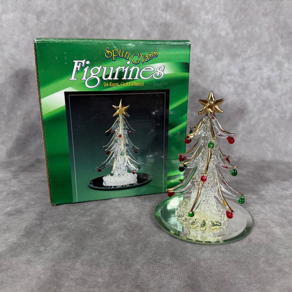 Vtg Spun Glass Christmas Tree Figurine 24K Gold Plated Star Mirror Base Box NOS